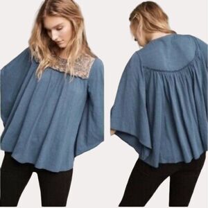 Deletta Anthropologie Josephine Boho Bead Embellished Peasant Blouse Top Blue S